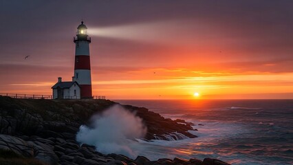Lighthouse on rocky coastline at sunset.