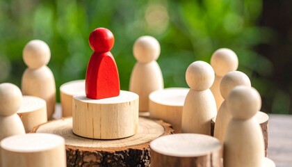 Red figurine elevated among wooden peers in outdoor circle, symbolizing leadership and individuality
