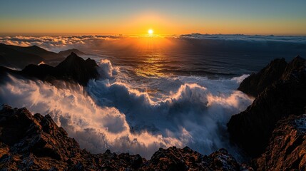 Golden sunrise over rugged mountain peaks, ocean, and swirling clouds. Light streams down, creating a dramatic landscape scene