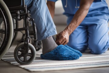 Caregiver Helping a Senior Man in a Wheelchair with His Slippers