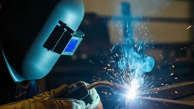 A focused male welder in protective gear actively performing MIG welding on metal, showcasing bright sparks and intense blue light in an industrial workshop setting.