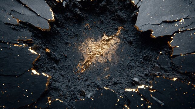Dramatic overhead shot shows a dark, cracked surface with golden light emanating from the center, creating an explosive effect