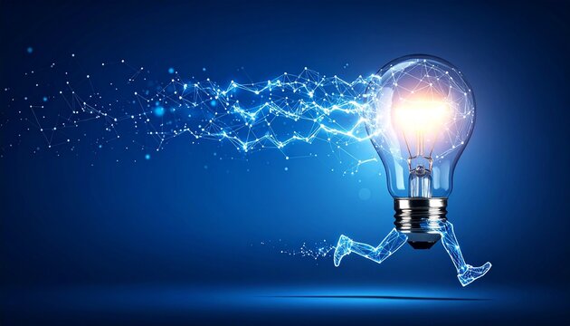 Running light bulb with legs and electric sparks on dark blue gradient background symbolizing fast innovation