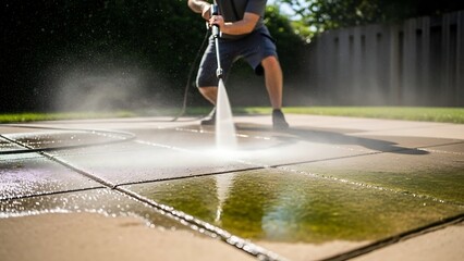 Man cleaning concrete patio with power washer.