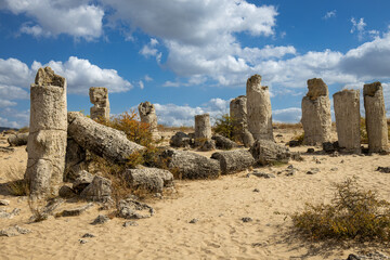 Pobiti Kamani, Stone Forest near Varna, Bulgaria, rock phenomenon. Famous natural landmark featuring ancient stone pillars in a unique sandy landscape