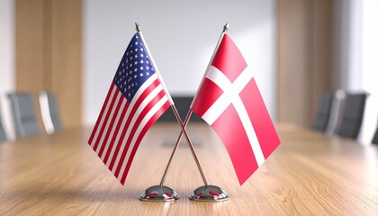 US and Denmark table flags crossed on wooden conference desk in modern meeting room