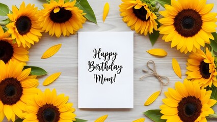 Happy Birthday Greeting Card with Sunflowers and Floral Layout Top View