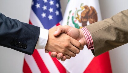Handshake between US and Mexico delegates in front of flags on wooden conference table