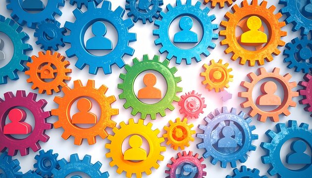 Interlocking colorful gears with human silhouettes symbolizing teamwork and system integration.
