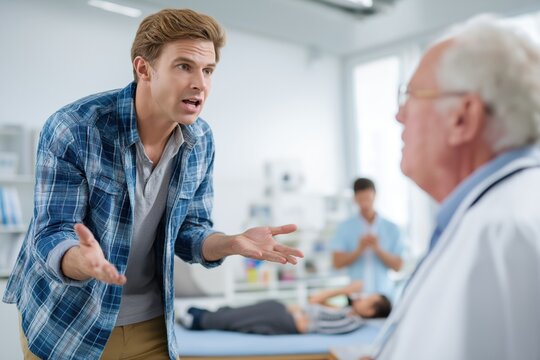 Frustrated Man Arguing with a Doctor in a Medical Clinic
