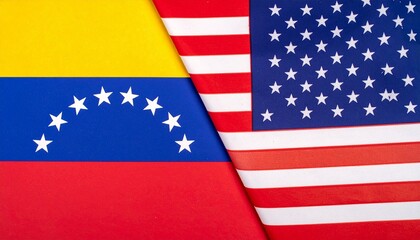   
Venezuela and US flags divided by diagonal line symbolizing contrast in national identity and relations