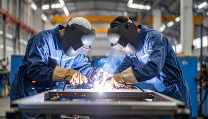 Industrial welding teamwork in protective gear, sparks flying in a factory setting.