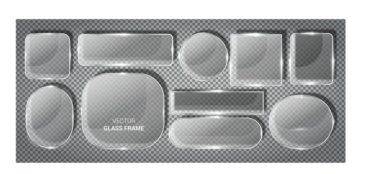 Set of vector realistic glass frames with gloss effect on transparent background for creative graphic design and web interfaces