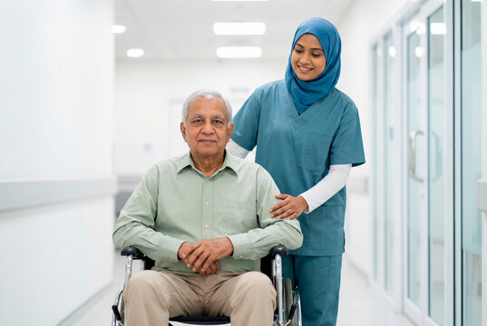 Elderly man in a wheelchair being supported by a young female healthcare worker wearing blue scrubs and a hijab in a bright hospital corridor.