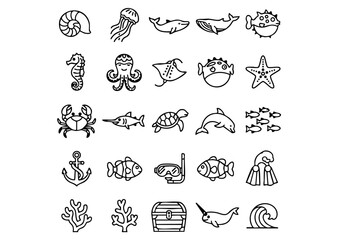 Minimalist Ocean Life Vector Icon Set, Marine Biology Line Art Collection, Black and White Nautical Graphic Elements © Sirajudden