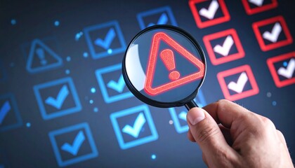 Magnifying glass highlighting digital warning icon amid verified checkmarks, symbolizing risk detection and anomaly analysis.