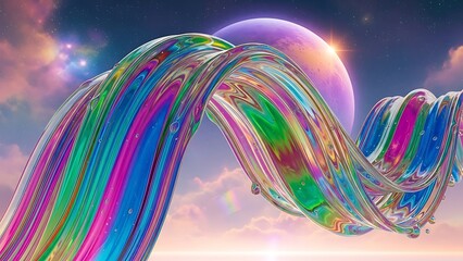 Vibrant rainbow colored tentacle like object in space with planets and stars