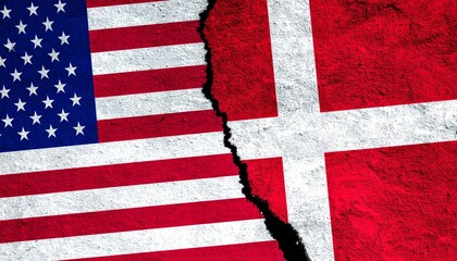 USA Denmark flags split by jagged crack symbolizing diplomatic rift and political tension