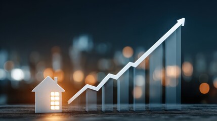Iconic Representation of Growing Real Estate Trends with House and Graph Elements in Night Cityscape Background