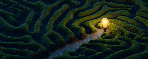 A glowing lightbulb sits at the center of a sprawling, green maze, symbolizing an idea or solution within a complex problem