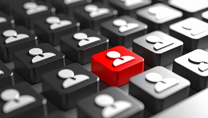 Red standout key among black keys with person icons symbolizing individuality and uniqueness