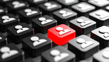 Red standout key among black keys with person icons symbolizing individuality and uniqueness