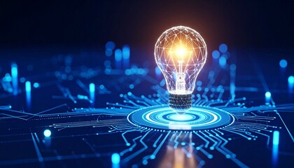 Glowing light bulb on digital circuit board symbolizing innovation intelligence and technological integration
