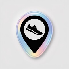 A glossy holographic pin-shaped icon with a translucent gradient effect displays a black silhouette of a sports shoe centered within a white circular background against a light backdrop
