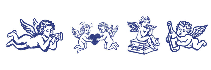 Hand drawn romantic cupid cherub doodles with pizza and champagne for valentines day