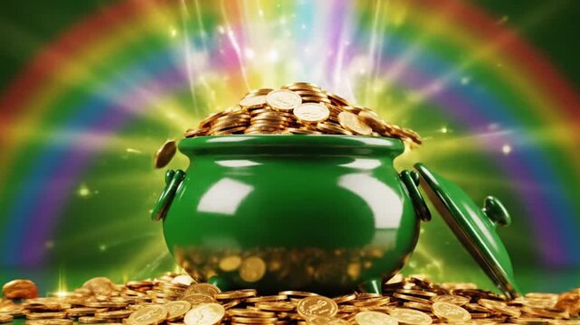 A green pot filled with gold coins and a rainbow shining brightly behind it symbolizing good luck and wealth on st patricks day