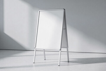 A metallic a-frame whiteboard stands on a smooth light gray floor with strong angled sunlight casting shadows onto the surrounding minimalist light gray wall creating a serene atmosphere