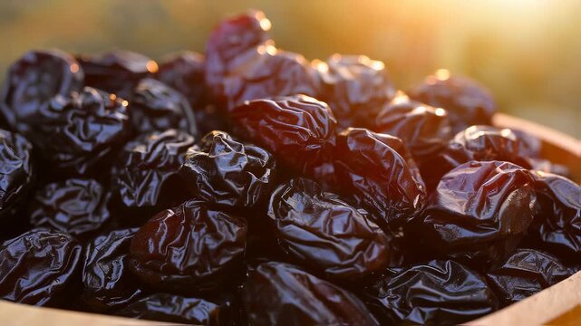 A close-up of plump, dark dates glistens in the soft sunlight, showcasing their rich texture and form. These dates are arranged tightly, emphasizing their appeal and natural sweetness.