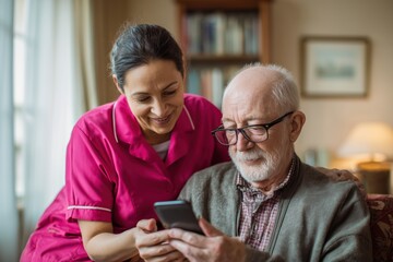 Caregiver Teaching a Senior Man How to Use a Smartphone