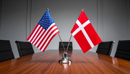 US and Denmark flags crossed on conference table.