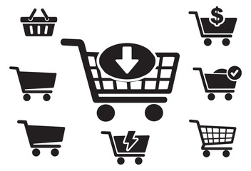 Modern e-commerce icon set featuring shopping carts and a basket with various symbols for web and app design