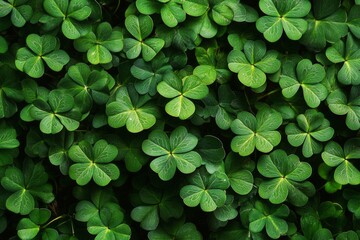 St. Patrick's Day background with lush green clover leaves, shamrock pattern for holiday design