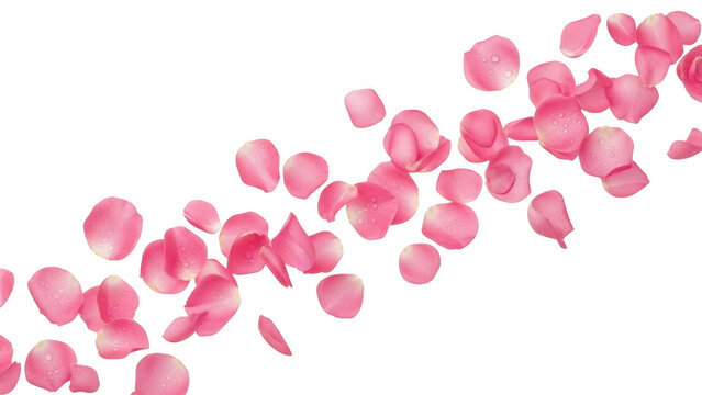 Pink rose petals falling isolated on transparent background in a beautiful floral pattern