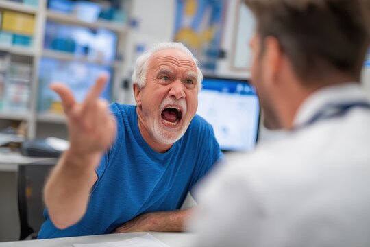 Furious Senior Man Arguing Aggressively with a Doctor