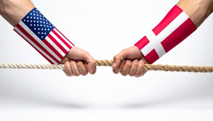 US and Denmark sleeves grip rope in tug-of-war symbolizing international rivalry and geopolitical tension