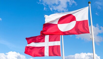 Greenland and Denmark flags flying together against blue sky symbolizing unity and territorial relationship