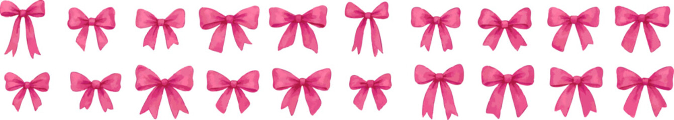 Pink watercolor bows set in different shapes isolated on transparent background cute feminine ribbon decoration illustration