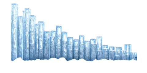 A Long Row of Textured Blue Ice Pillars of Varying Heights Creating a Jagged Crystal Wall with Snow on Top on a Transparent Background.