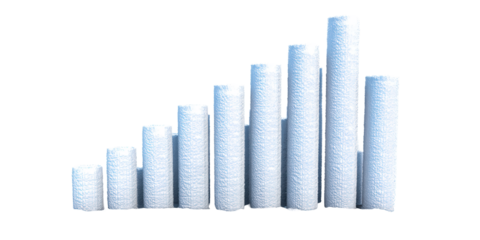 A Three Dimensional Bar Chart Made of Textured White Snow or Ice Showing Business Growth and Decline on a Transparent Background