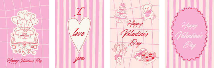 Valentine greeting card set with hearts cupid wedding car teddy cake and handwritten lettering on pink striped and grid backgrounds romantic love design