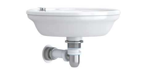 A Classic White Porcelain Wall Mounted Drinking Fountain with Chrome Pipes and a Water Bubbler Spigot Shown on a Transparent Background
