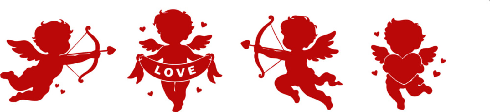 Red cupid silhouette set with bow arrow wings and hearts romantic valentine love illustration isolated on transparent background