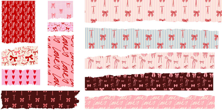Valentine seamless patterns set with bows hearts stripes and handwritten love text romantic pink red decorative backgrounds collection