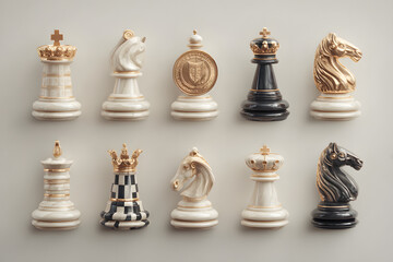 3d chess icons set: pawn, knight, queen, king, rook, bishop, coin