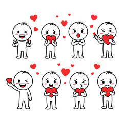 A set of cute cartoon characters expressing love and affection with hearts isolated on