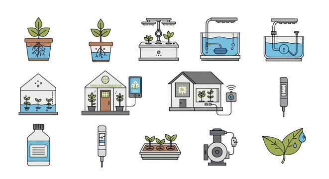 Diverse Hydroponic Systems and Gardening Equipment Illustrations.